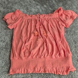 Free People Coral Pink Smocked Peasant Blouse Sz Small Linen Blend Off Shoulder